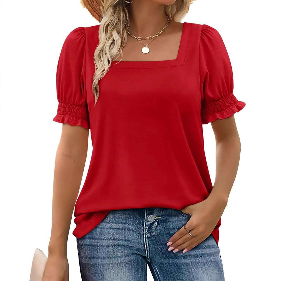 Spring And Summer New Fashion Simple U - neck Petal Sleeve Loose T-shirt - watkins innovators