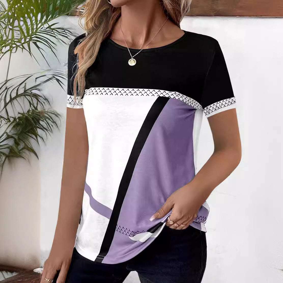 Women's Multi - color Digital Multicolor Printing Geometric Printed Short - sleeved T-shirt - watkins innovators