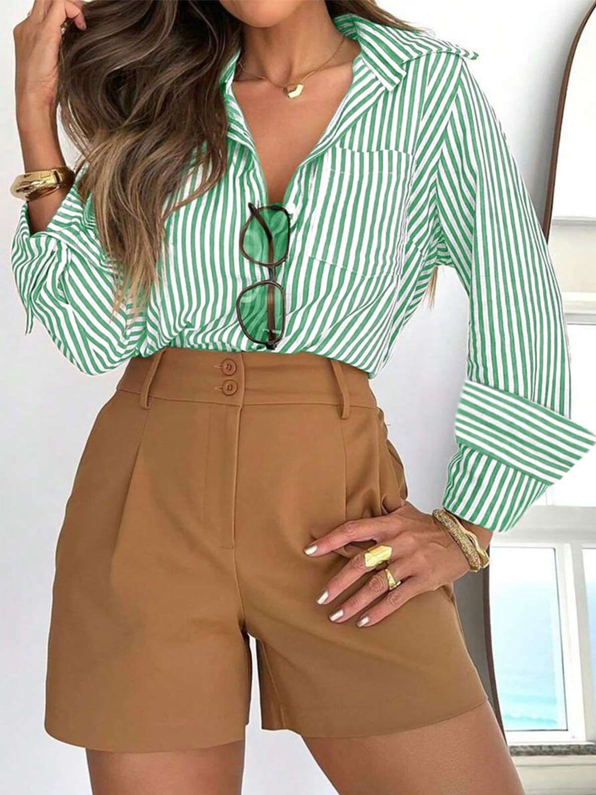 Women's Striped Button Shirt Dress Shirt - watkins innovators