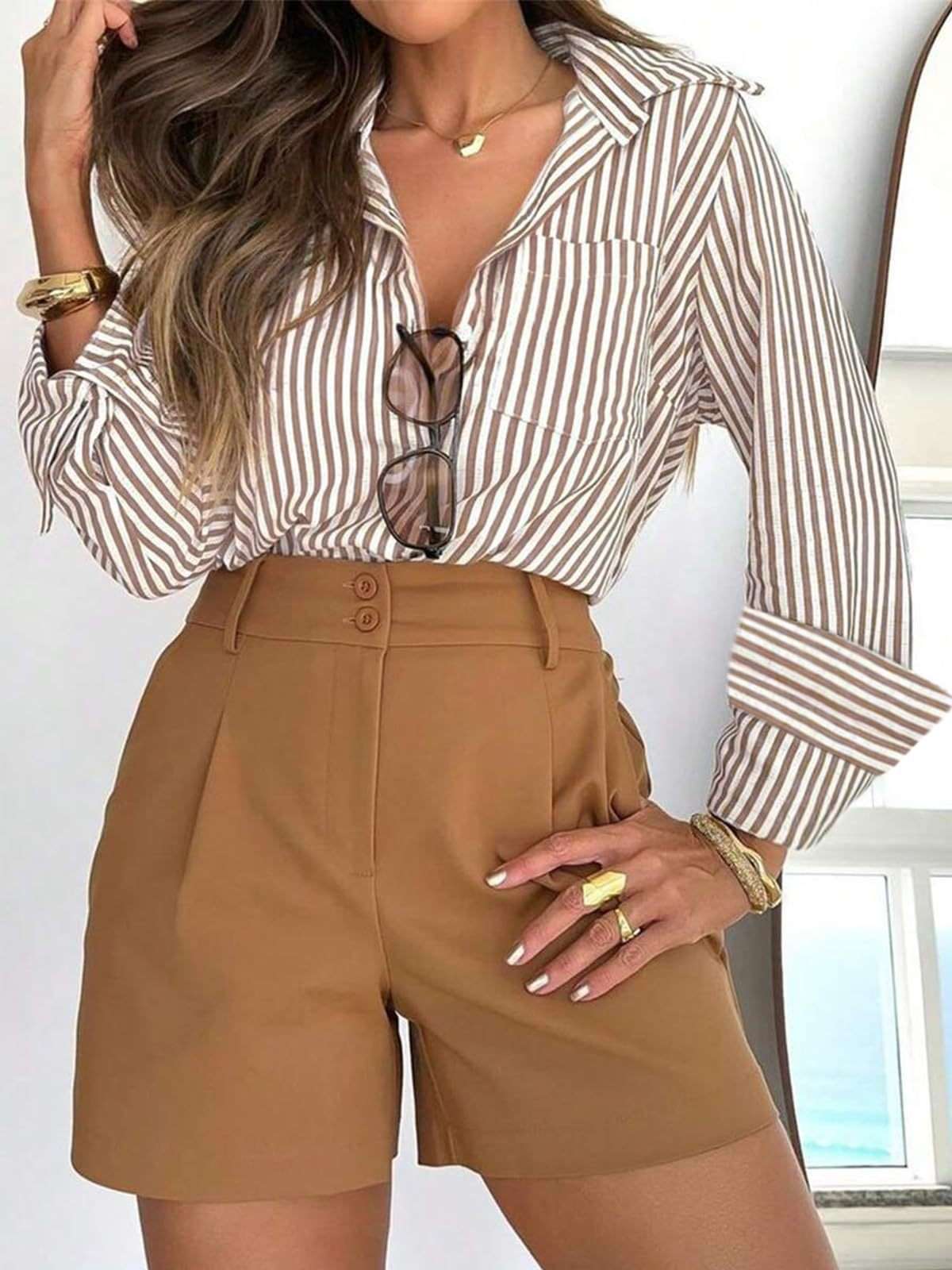 Women's Striped Button Shirt Dress Shirt - watkins innovators
