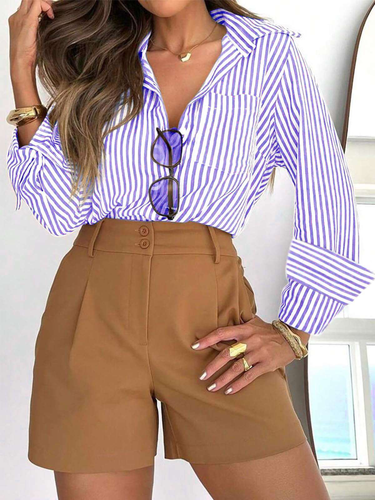 Women's Striped Button Shirt Dress Shirt - watkins innovators