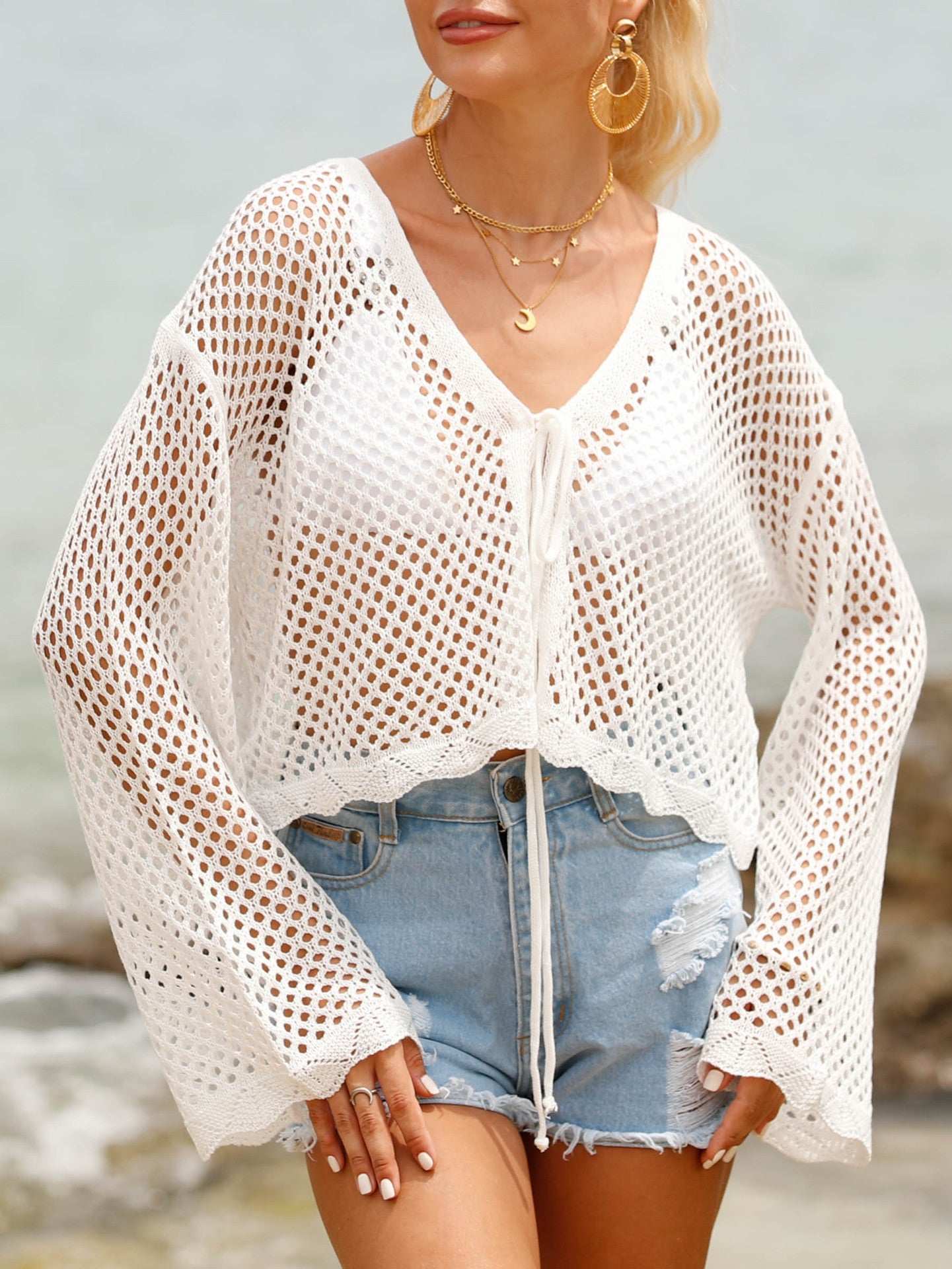 Women's Lace-up Cardigan Hollow-out Beach Sun Protection Long-sleeved Blouse - watkins innovators