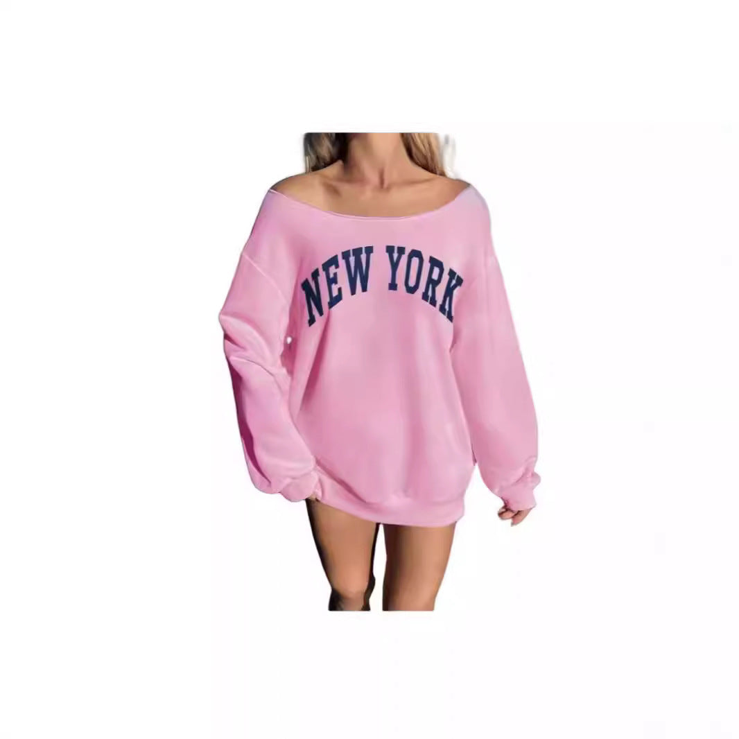 Women's Simple Letter Print Off-shoulder Long Sleeve Sweater - watkins innovators