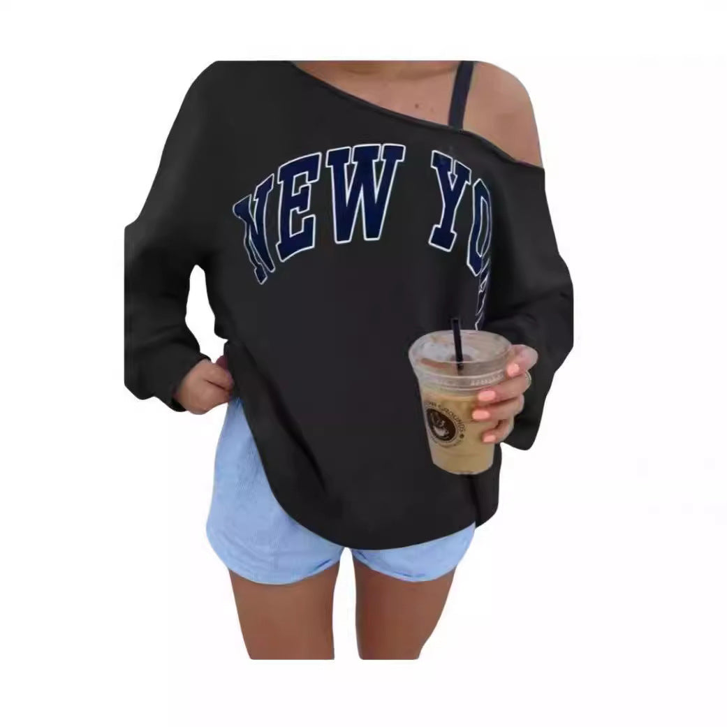 Women's Simple Letter Print Off-shoulder Long Sleeve Sweater - watkins innovators
