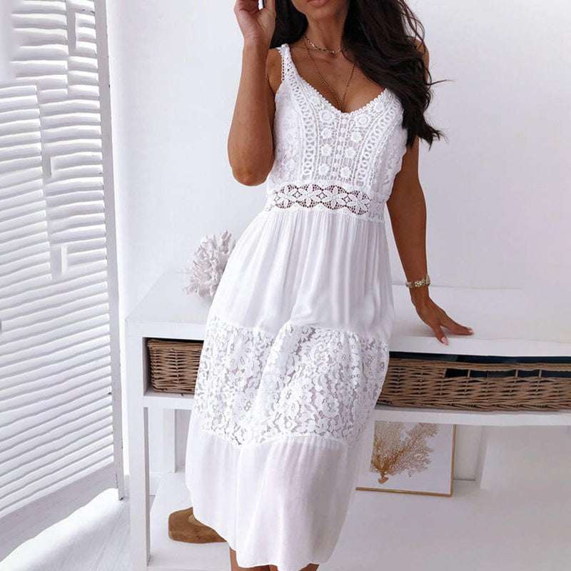 Bohemian Lace Trim Sleeveless Dress - V-Neck Sexy Cutout Summer Maxi Dress - watkins innovators