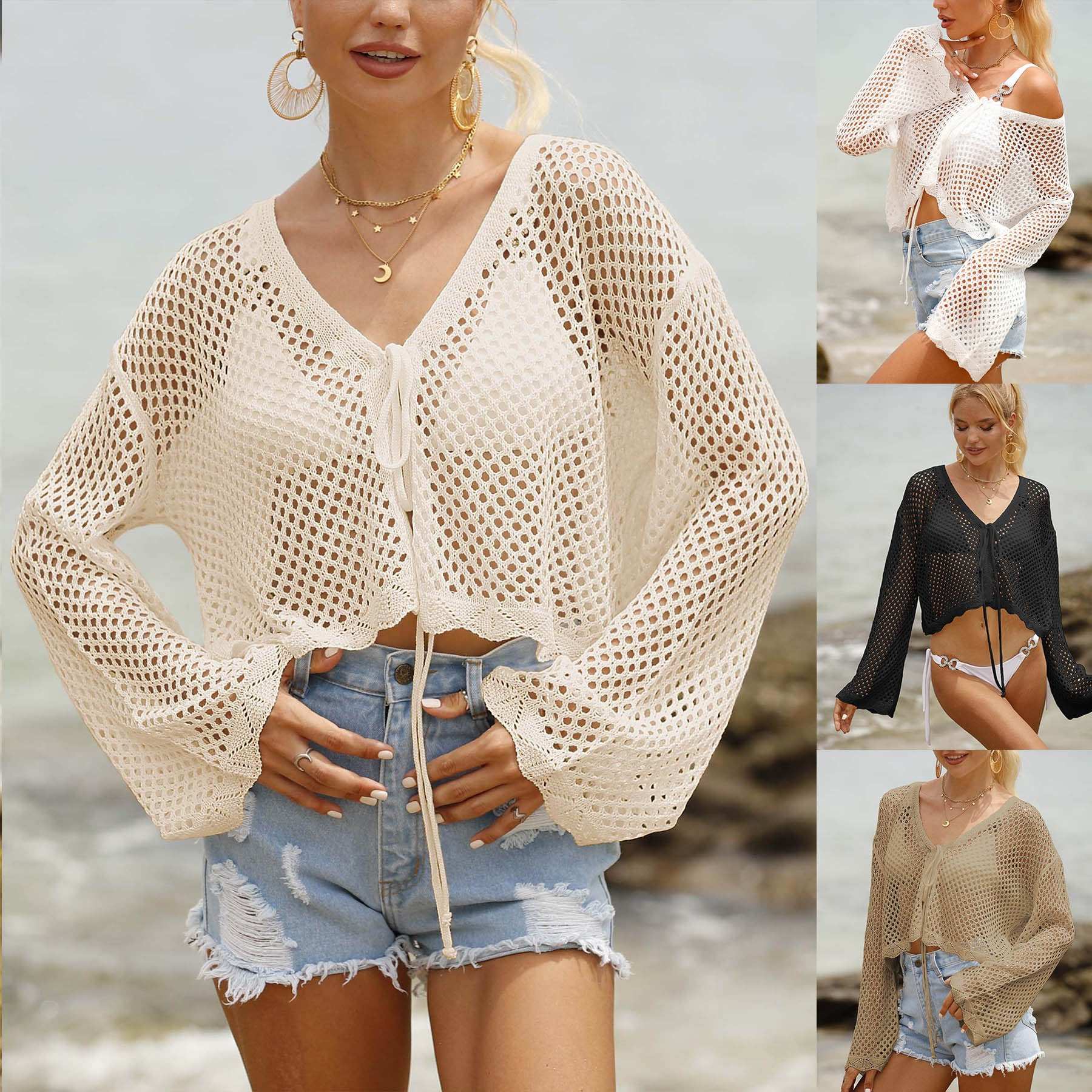 Women's Lace-up Cardigan Hollow-out Beach Sun Protection Long-sleeved Blouse - watkins innovators