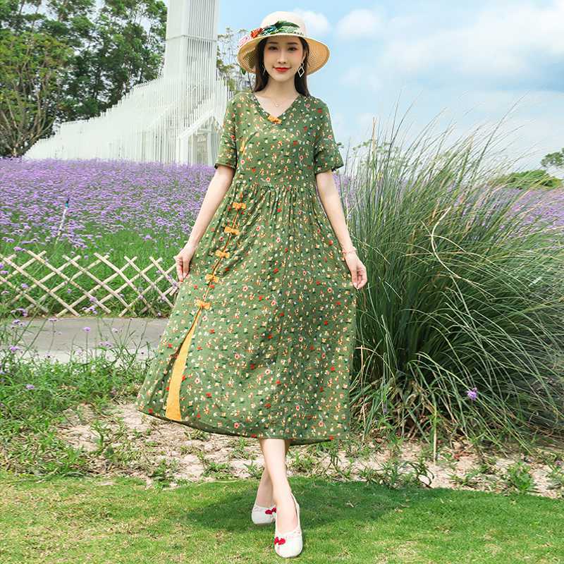 Artistic Retro Ethnic Style Loose Plus Size Slimming Floral Frog Button Dress - watkins innovators