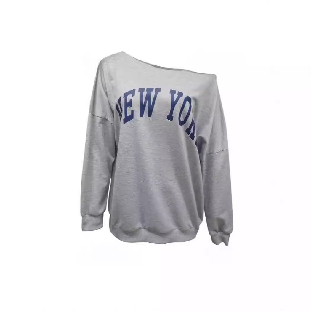 Women's Simple Letter Print Off-shoulder Long Sleeve Sweater - watkins innovators
