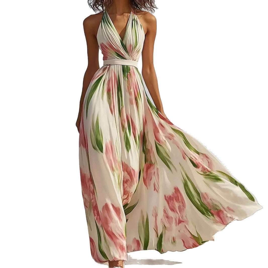 Summer New V-neck Fashion Printed Sling Long Dress - watkins innovators
