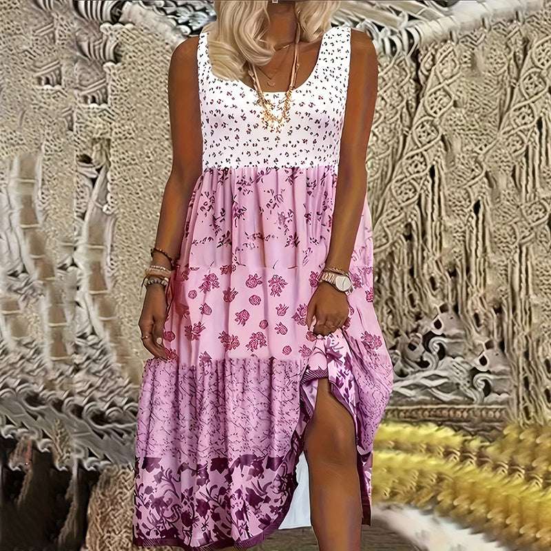 Women's Bohemian Floral Sleeveless Midi Dress Round Neck A-Line Summer Dress For Casual Or Dressy Occasions - watkins innovators