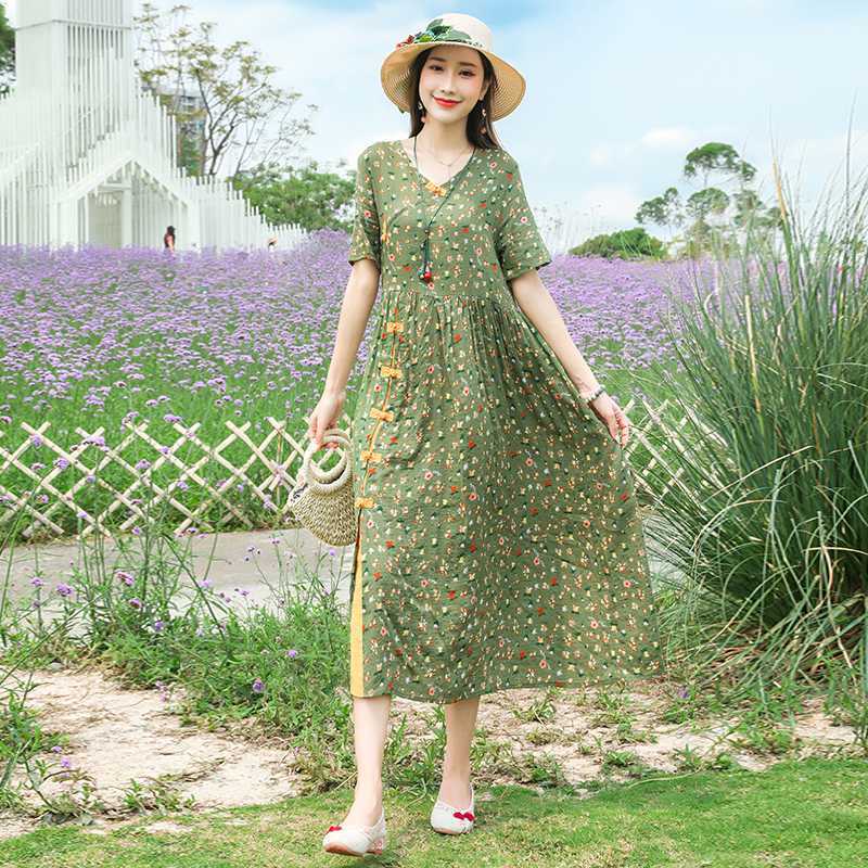 Artistic Retro Ethnic Style Loose Plus Size Slimming Floral Frog Button Dress - watkins innovators