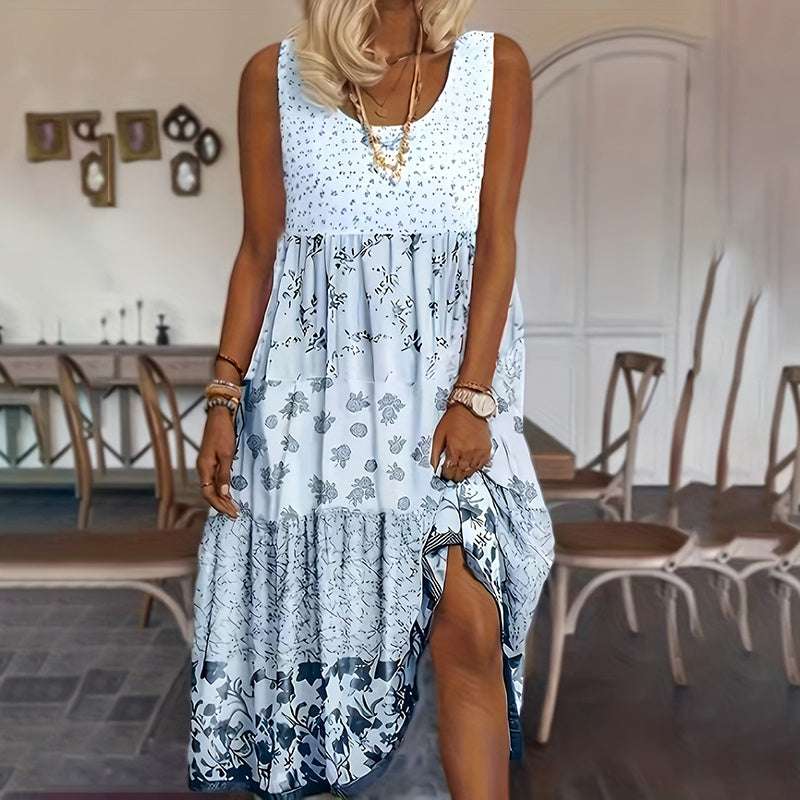 Women's Bohemian Floral Sleeveless Midi Dress Round Neck A-Line Summer Dress For Casual Or Dressy Occasions - watkins innovators