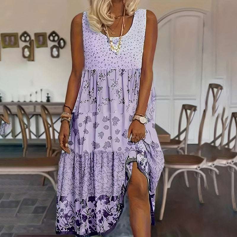 Women's Bohemian Floral Sleeveless Midi Dress Round Neck A-Line Summer Dress For Casual Or Dressy Occasions - watkins innovators