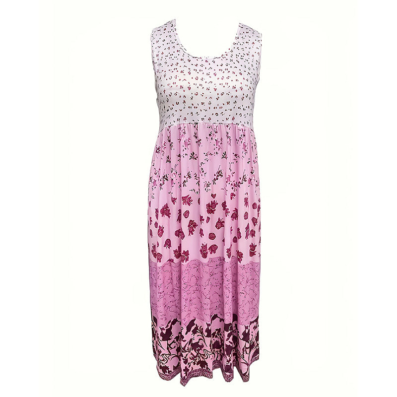 Women's Bohemian Floral Sleeveless Midi Dress Round Neck A-Line Summer Dress For Casual Or Dressy Occasions - watkins innovators