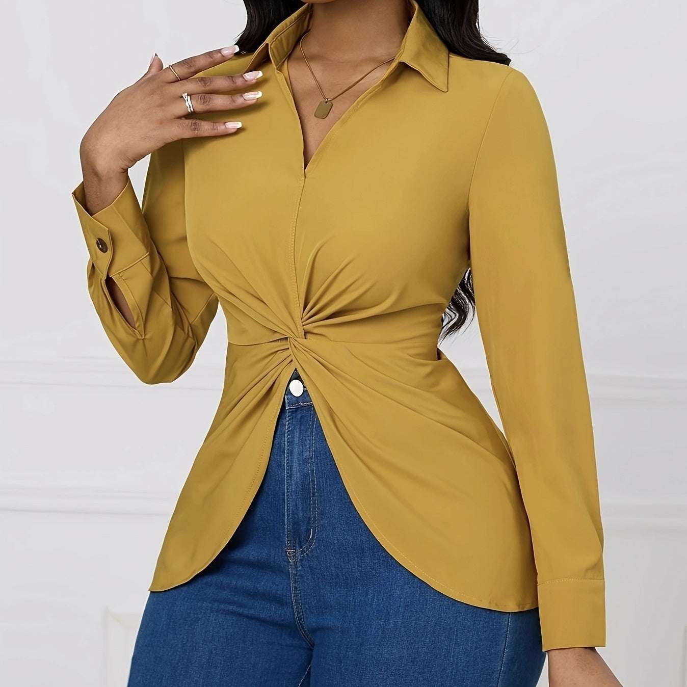 Women's Solid Color V-neck Knot Design Long Sleeved Shirt Top - watkins innovators