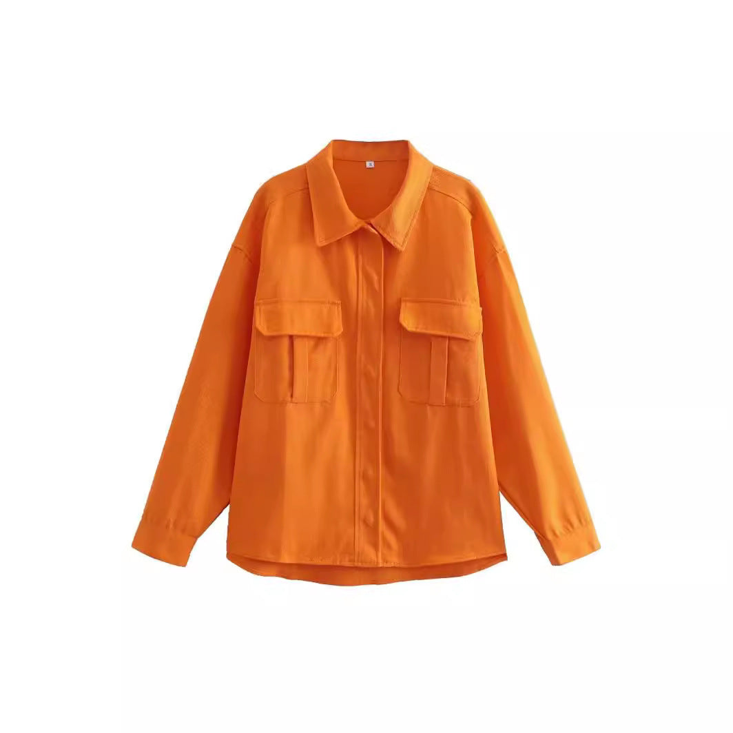 Oversized Loose Orange Imitation Denim Single-breasted Large Pocket Long Sleeve Women's Shirt - watkins innovators