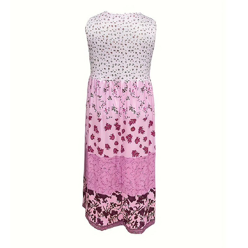 Women's Bohemian Floral Sleeveless Midi Dress Round Neck A-Line Summer Dress For Casual Or Dressy Occasions - watkins innovators