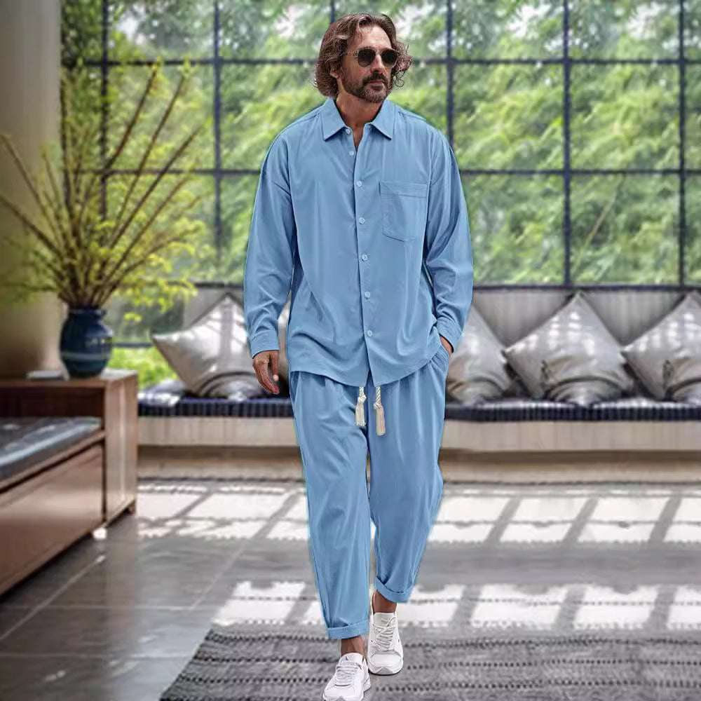 Men's Cotton And Linen Shirt Loose Long-sleeved Trousers Two-piece Suit - watkins innovators