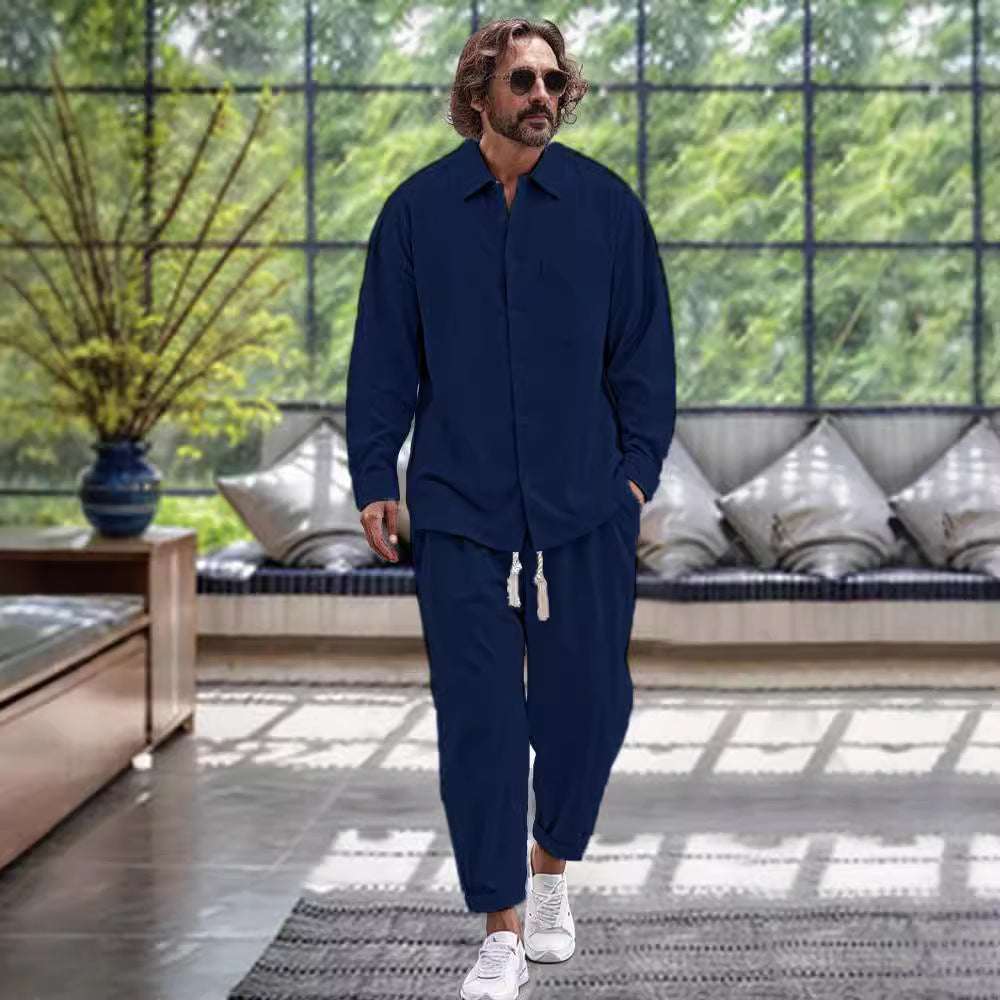 Men's Cotton And Linen Shirt Loose Long-sleeved Trousers Two-piece Suit - watkins innovators