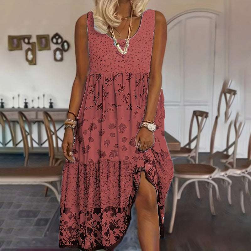 Women's Bohemian Floral Sleeveless Midi Dress Round Neck A-Line Summer Dress For Casual Or Dressy Occasions - watkins innovators