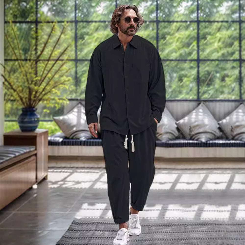 Men's Cotton And Linen Shirt Loose Long-sleeved Trousers Two-piece Suit - watkins innovators
