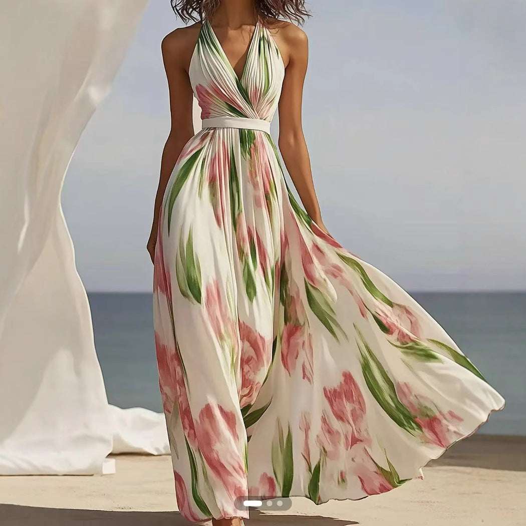 Summer New V-neck Fashion Printed Sling Long Dress - watkins innovators