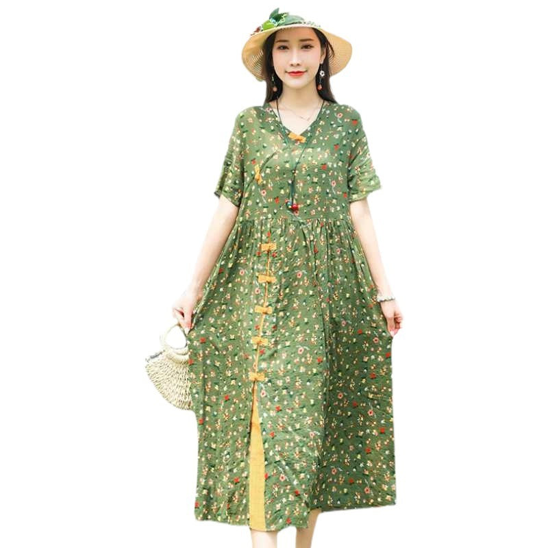 Artistic Retro Ethnic Style Loose Plus Size Slimming Floral Frog Button Dress - watkins innovators