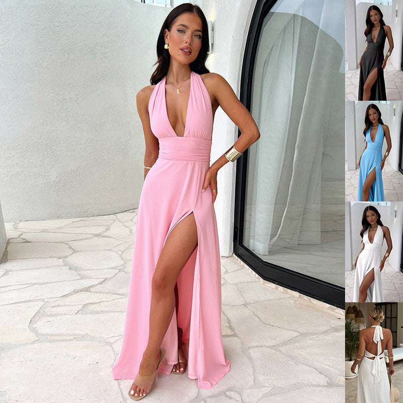 Sexy Halterneck V-neck Slit Dress Summer Backless Strappy Skirt Fashion Temperament Clothing Women - watkins innovators