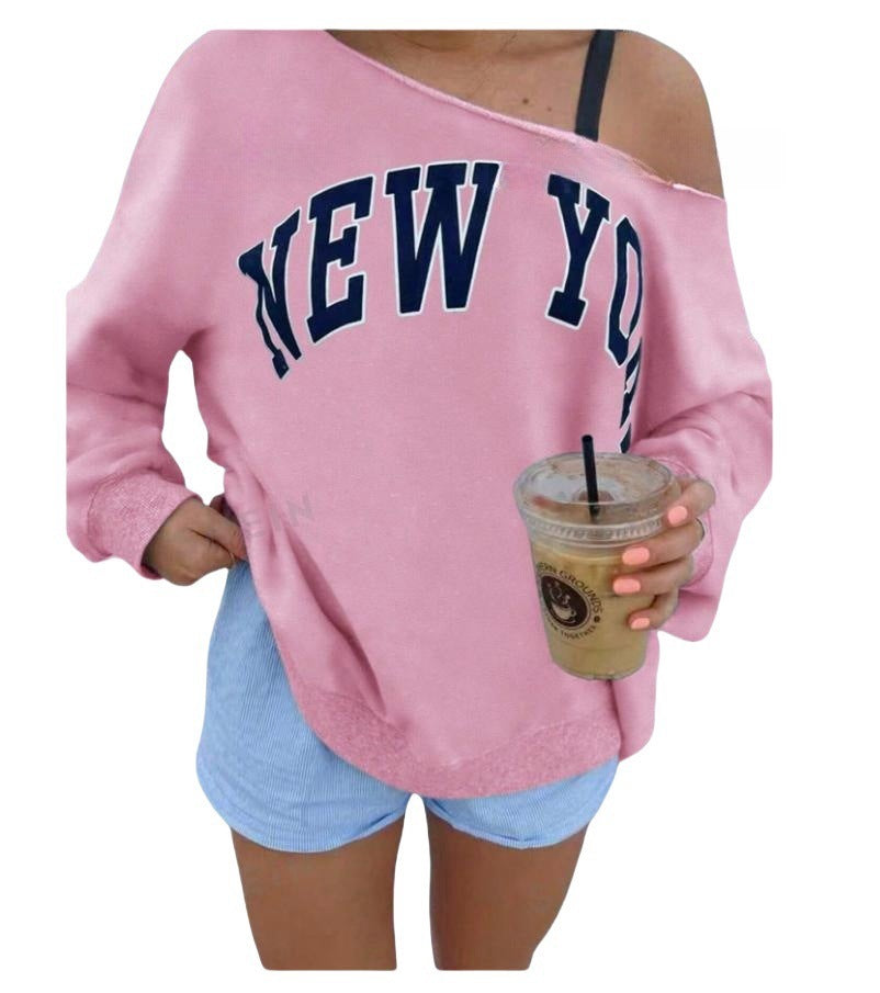 Women's Simple Letter Print Off-shoulder Long Sleeve Sweater - watkins innovators