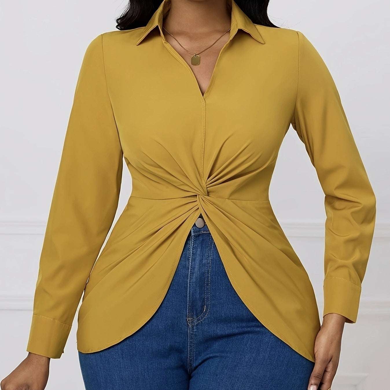 Women's Solid Color V-neck Knot Design Long Sleeved Shirt Top - watkins innovators