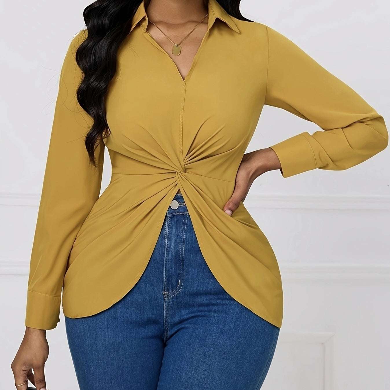 Women's Solid Color V-neck Knot Design Long Sleeved Shirt Top - watkins innovators