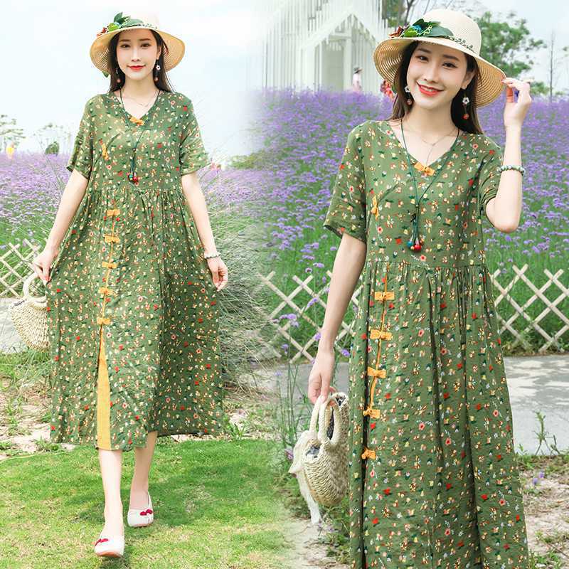 Artistic Retro Ethnic Style Loose Plus Size Slimming Floral Frog Button Dress - watkins innovators