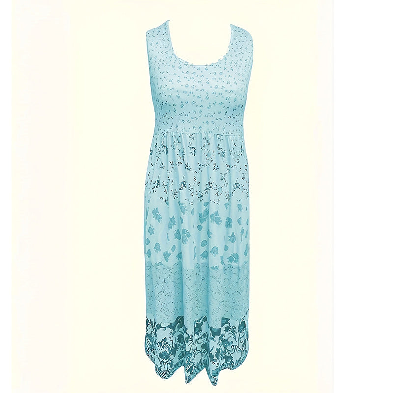 Women's Bohemian Floral Sleeveless Midi Dress Round Neck A-Line Summer Dress For Casual Or Dressy Occasions - watkins innovators