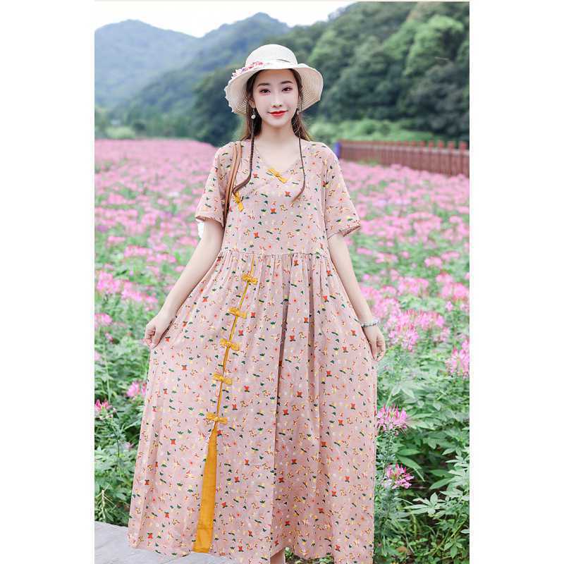 Artistic Retro Ethnic Style Loose Plus Size Slimming Floral Frog Button Dress - watkins innovators