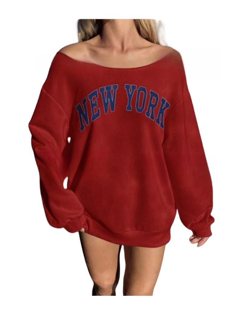 Women's Simple Letter Print Off-shoulder Long Sleeve Sweater - watkins innovators