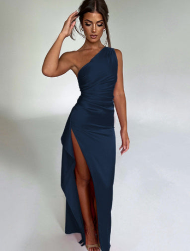 Sexy One-shoulder Backless Slit Dress Summer Elegant Slim-fit Solid Color Satin Dresses For Women - watkins innovators