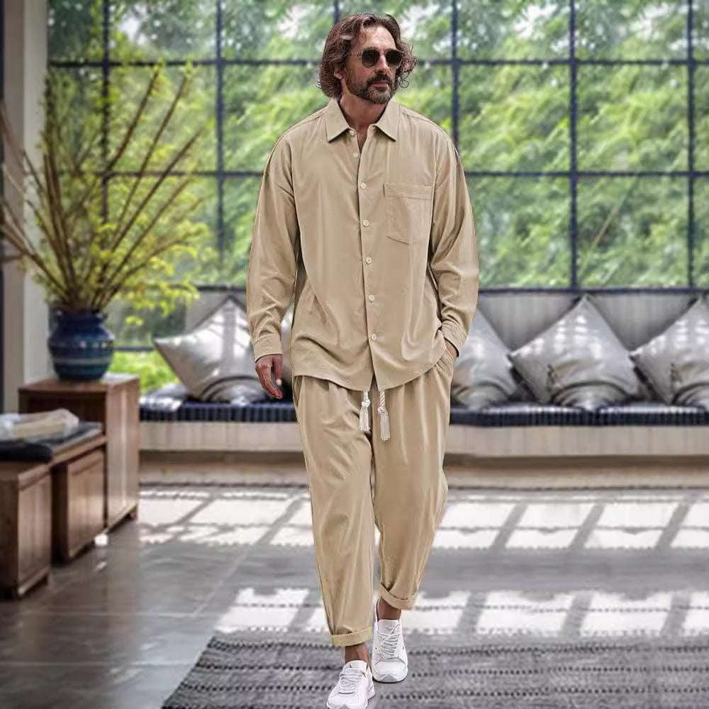 Men's Cotton And Linen Shirt Loose Long-sleeved Trousers Two-piece Suit - watkins innovators