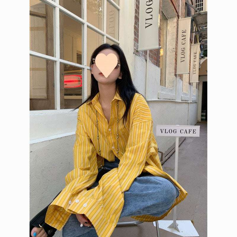 Yellow French Style Design Mid-length Striped Shirt - watkins innovators