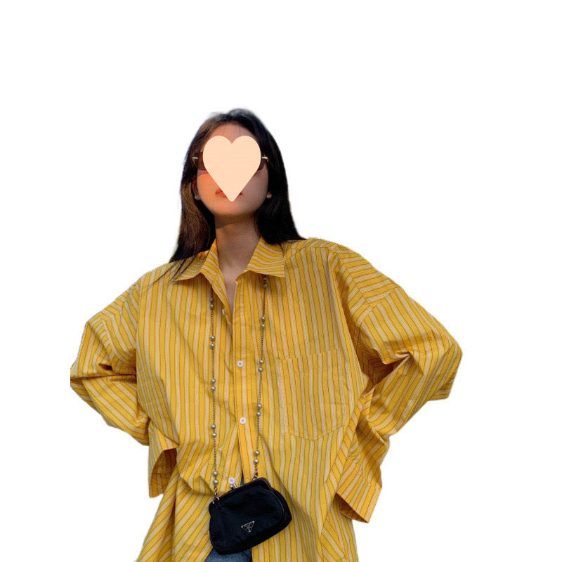 Yellow French Style Design Mid-length Striped Shirt - watkins innovators