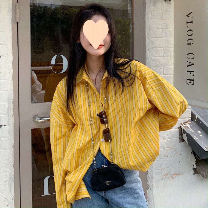 Yellow French Style Design Mid-length Striped Shirt - watkins innovators