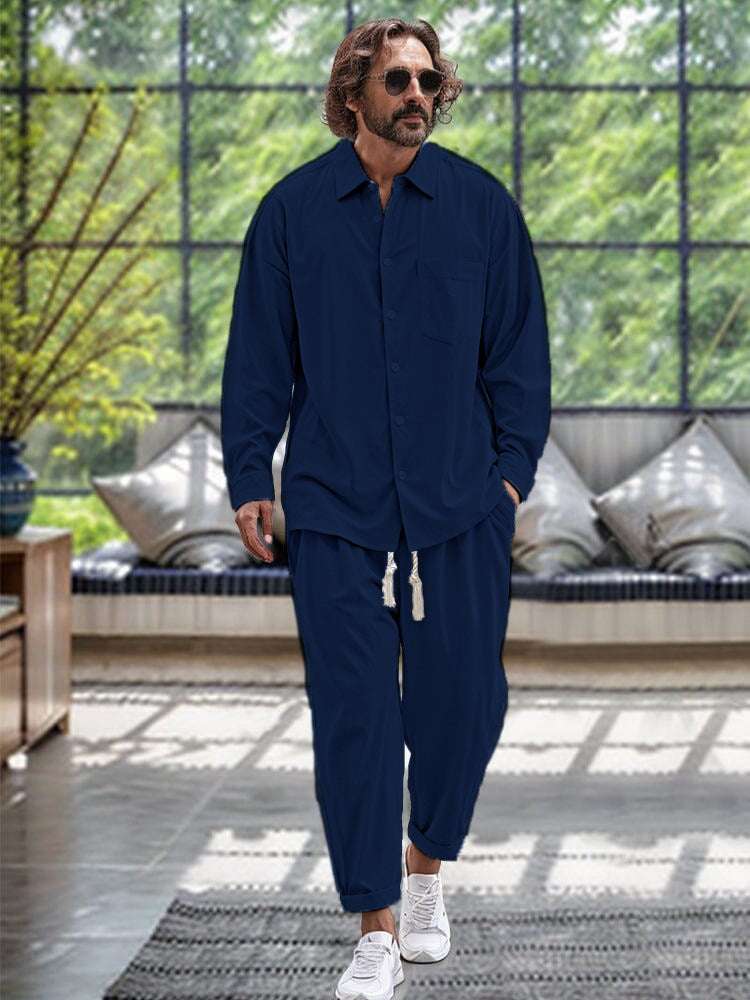 Men's Cotton And Linen Shirt Loose Long-sleeved Trousers Two-piece Suit - watkins innovators