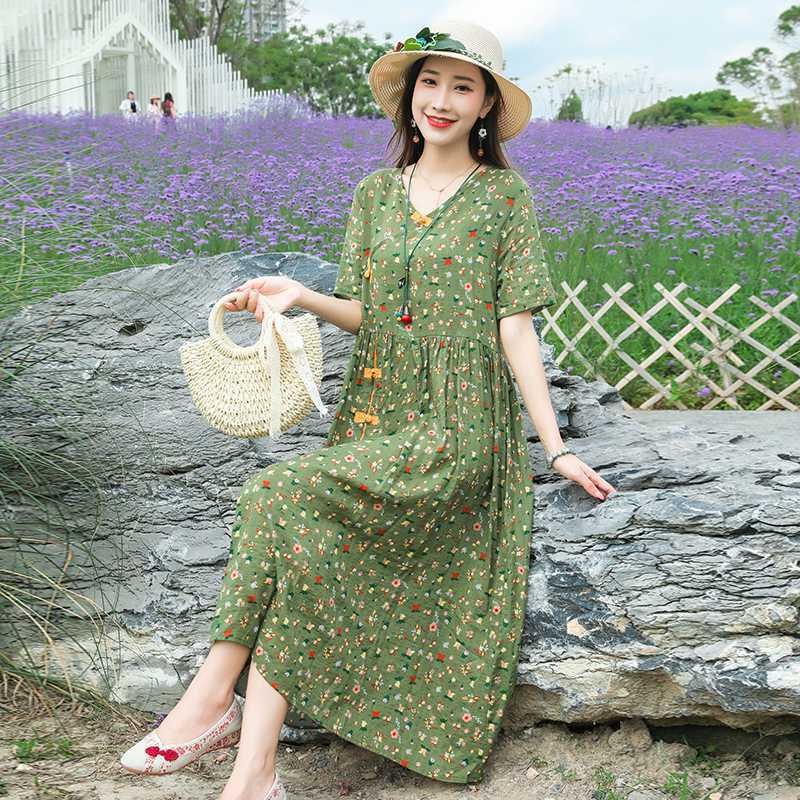 Artistic Retro Ethnic Style Loose Plus Size Slimming Floral Frog Button Dress - watkins innovators