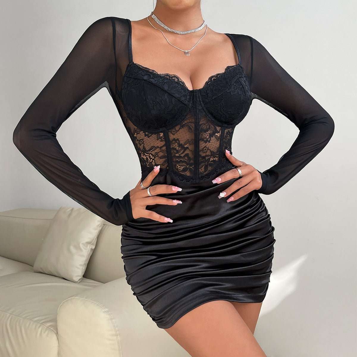 Autumn Sexy Mature Style Lace Steel Ring Fishbone Mesh Long Sleeve Pleated Slim Sheath Dress - watkins innovators