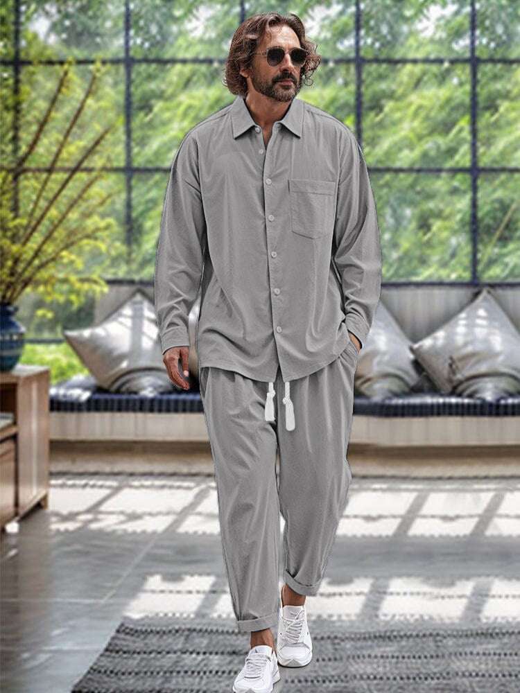 Men's Cotton And Linen Shirt Loose Long-sleeved Trousers Two-piece Suit - watkins innovators