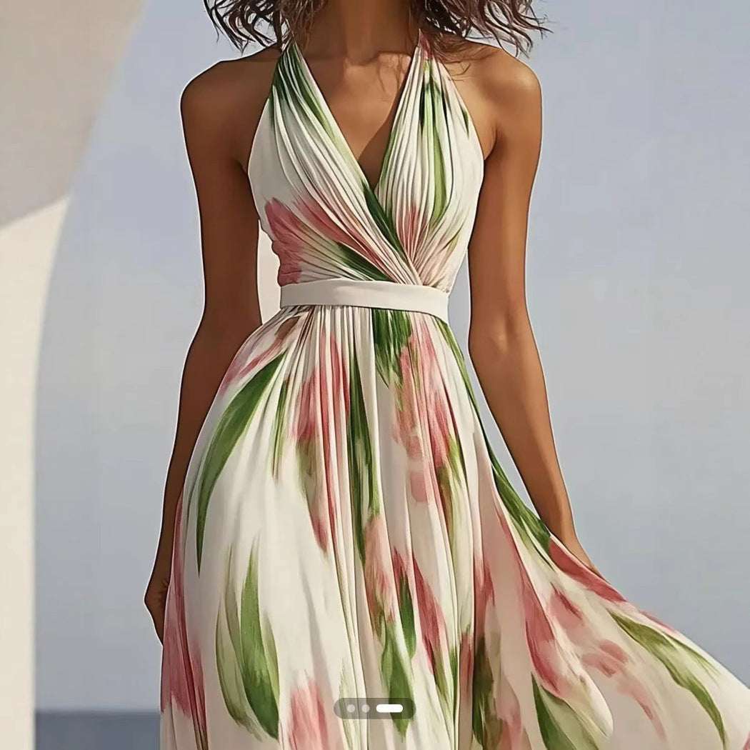 Summer New V-neck Fashion Printed Sling Long Dress - watkins innovators