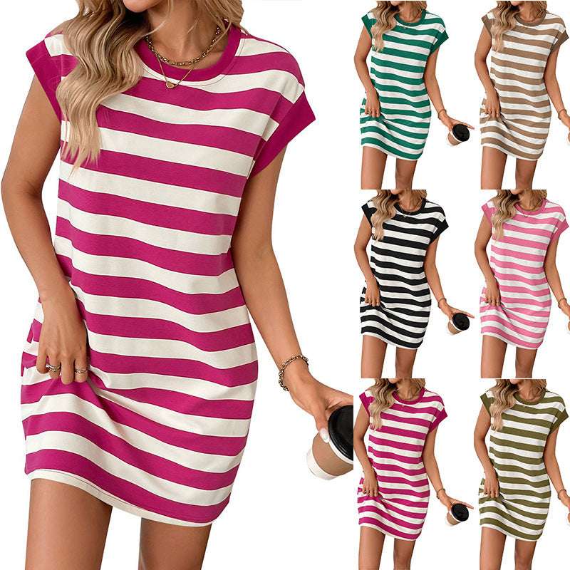 Women's Round Neck Short Sleeve Striped Short Skirt Pocket Casual Dress - watkins innovators