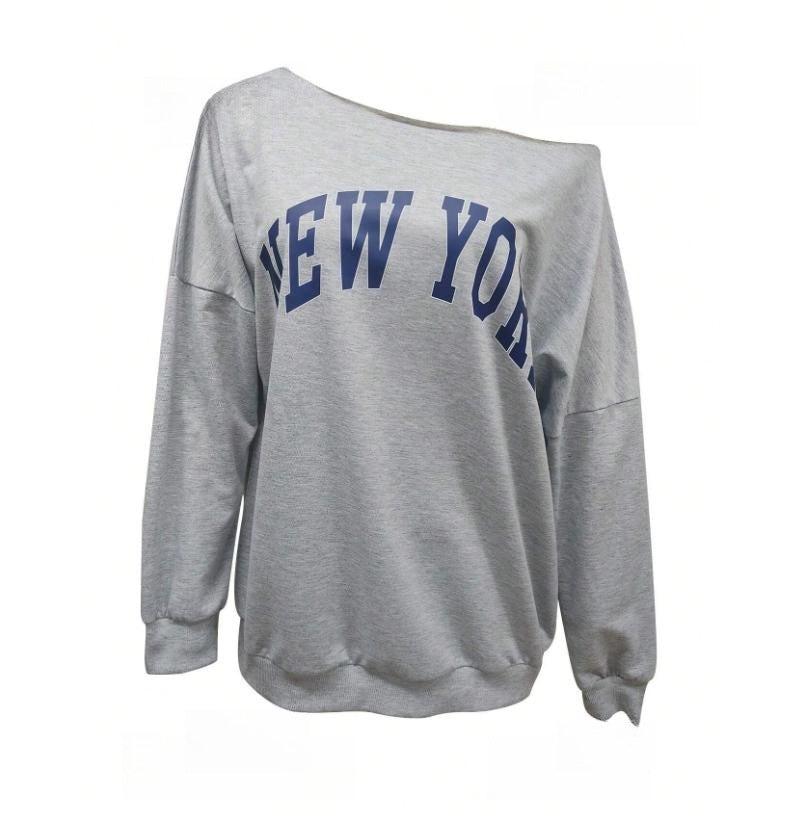 Women's Simple Letter Print Off-shoulder Long Sleeve Sweater - watkins innovators