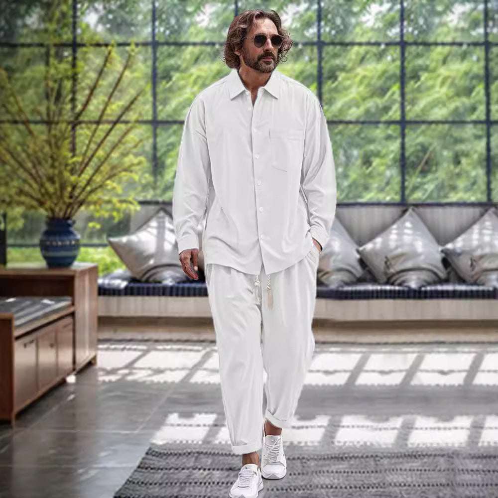Men's Cotton And Linen Shirt Loose Long-sleeved Trousers Two-piece Suit - watkins innovators