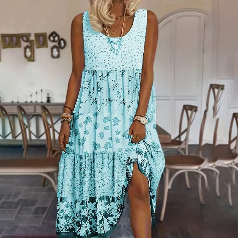 Women's Bohemian Floral Sleeveless Midi Dress Round Neck A-Line Summer Dress For Casual Or Dressy Occasions - watkins innovators