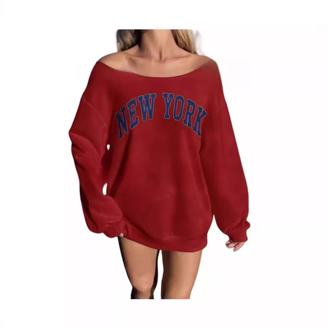 Women's Simple Letter Print Off-shoulder Long Sleeve Sweater - watkins innovators